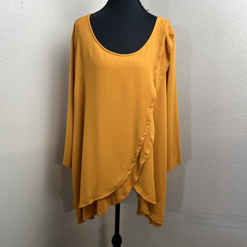 Jessica London Blouse women's 26/28 Mustard Yellow Layered Sheer Flowy Cottage